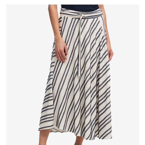 NEW! DKNY Asymmetrical Eyelash Fringe Stripe Belted Maxi Skirt - 4 ~ $109 - Picture 3 of 15